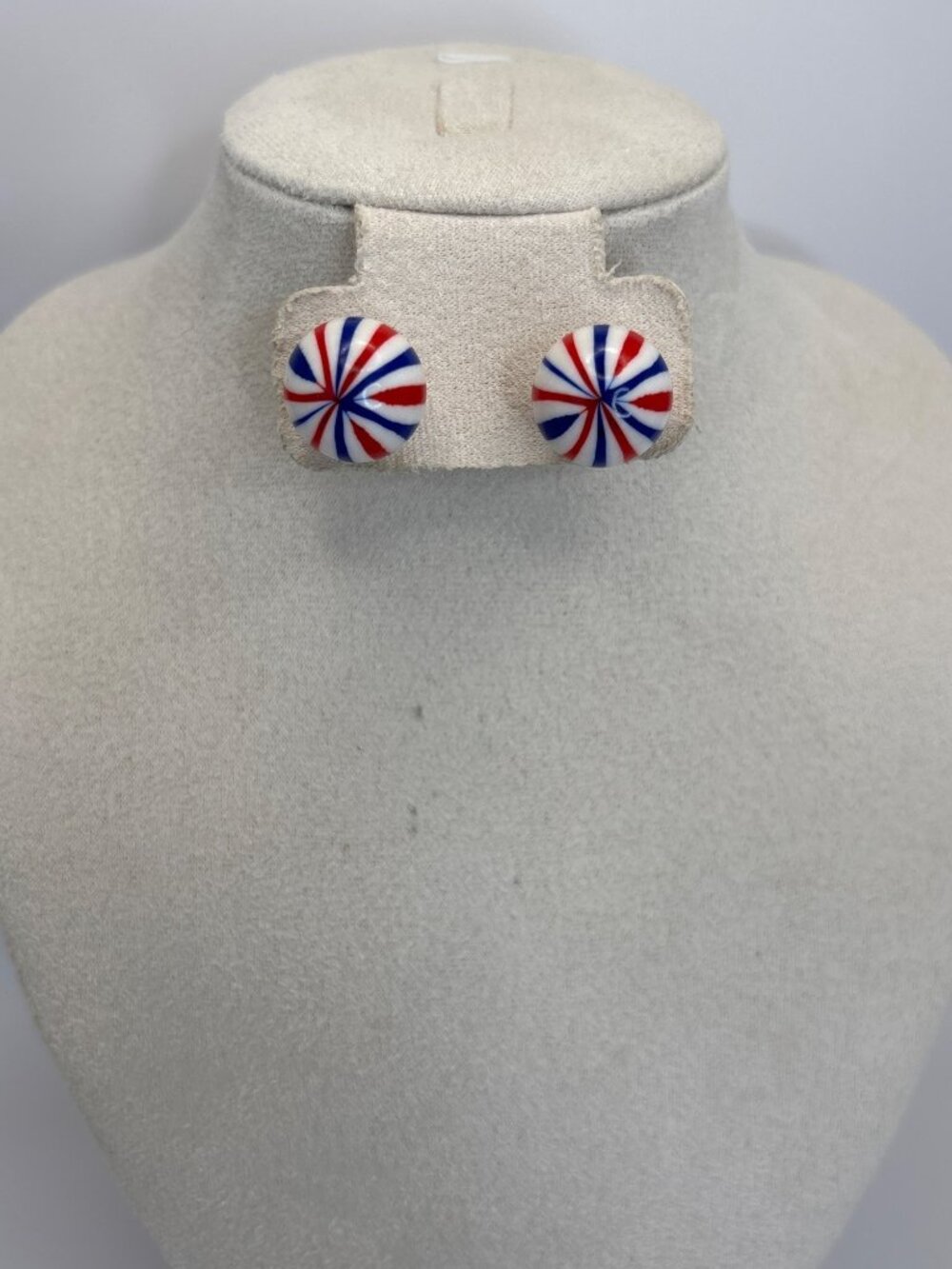 Vintage Large Button Ball Starburst Striped Resin Post Earrings Red White Blue